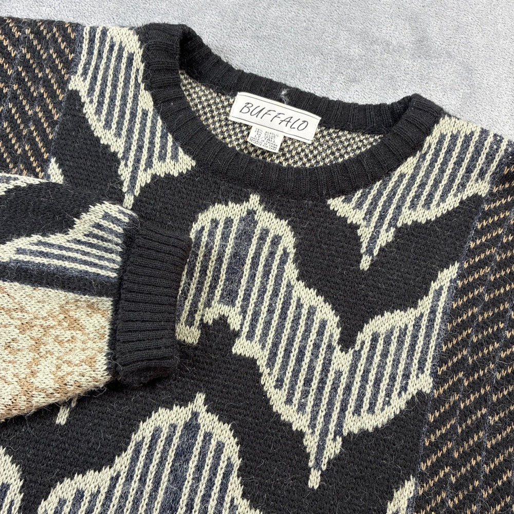 Buffalo Vintage 90s Geometric Intarsia Knit Sweater Mens LT Tall Black Tan Grey